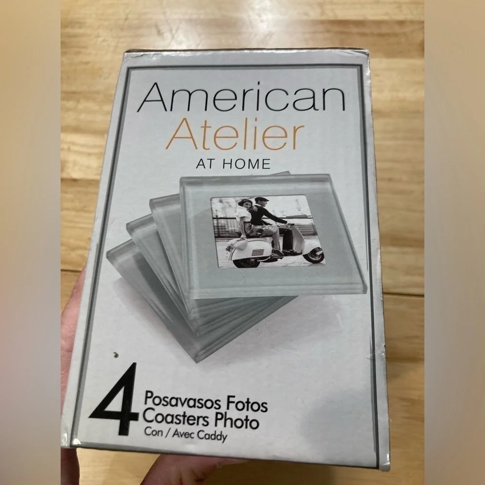 American Atelier home 4 photo coasters with caddy. Brand new in box